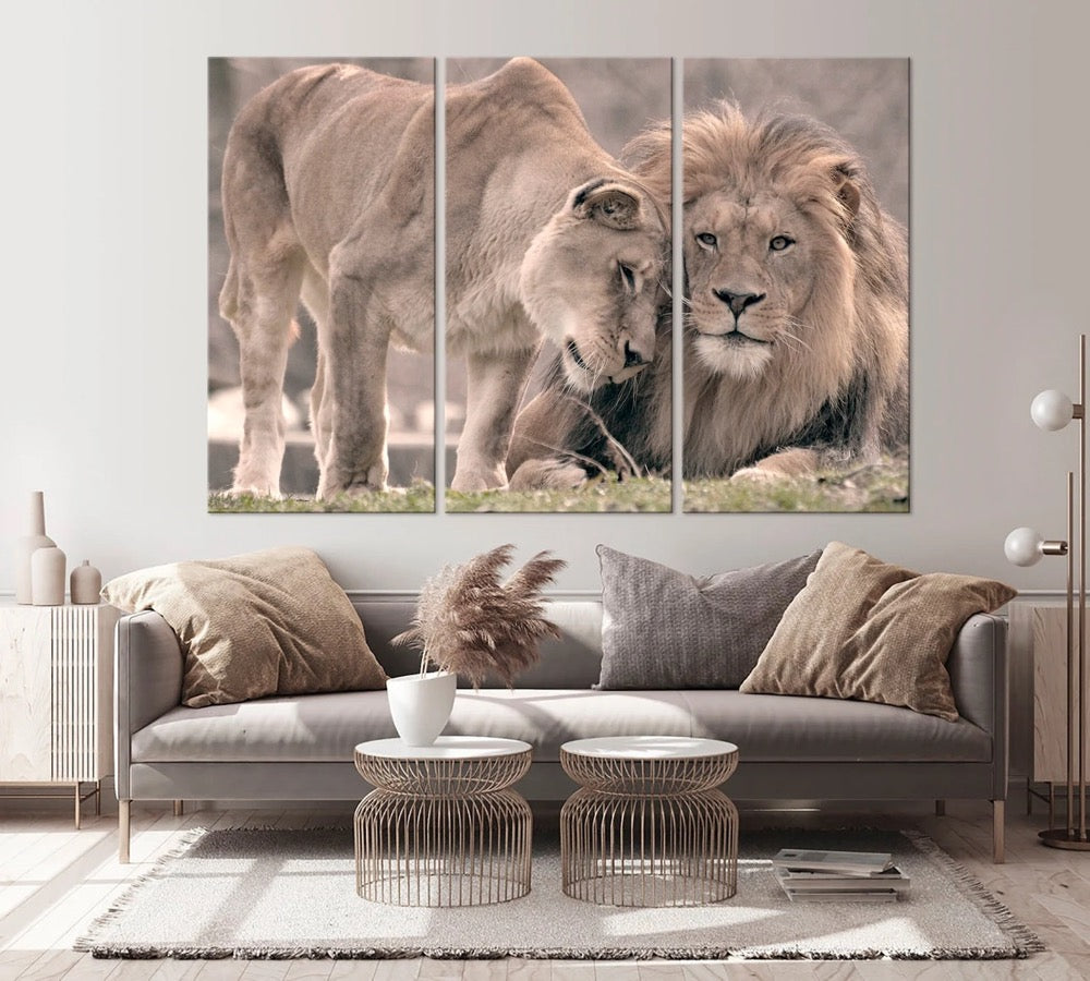 Lion lioness canvas wall art Lions Sepia print lion family canvas art Anniversary gift for couple Love print