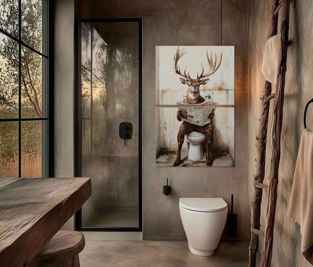 Deer on Toilet Reading Newspaper canvas print Bathroom Decor Toilet humor Funny bathroom art Buck