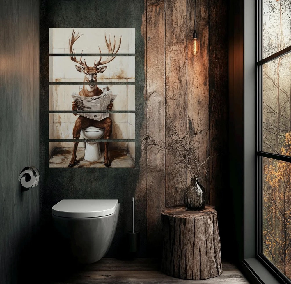 Deer on Toilet Reading Newspaper canvas print Bathroom Decor Toilet humor Funny bathroom art Buck