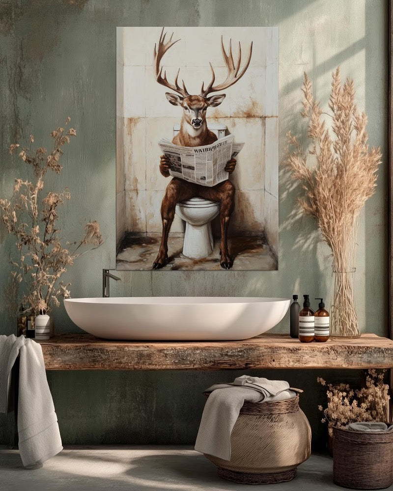 Deer on Toilet Reading Newspaper canvas print Bathroom Decor Toilet humor Funny bathroom art Buck