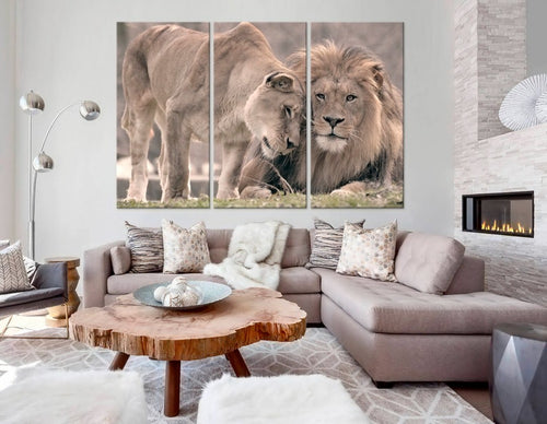 Lion lioness canvas wall art Lions Sepia print lion family canvas art Anniversary gift for couple Love print