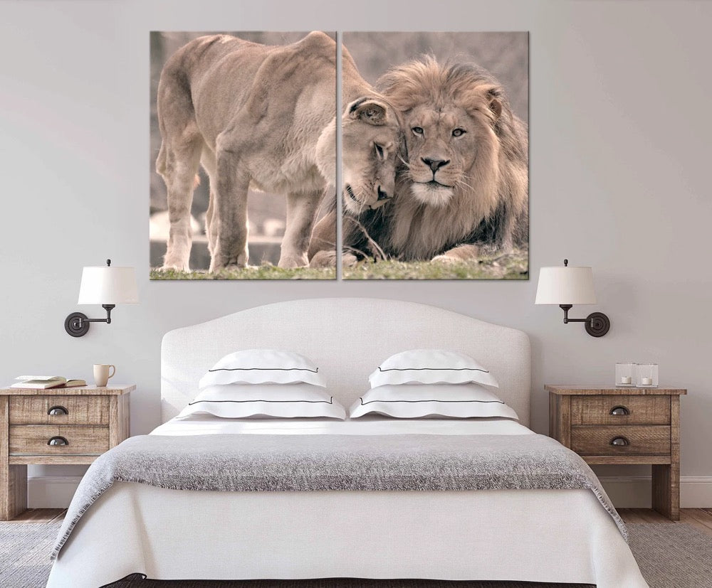 Lion lioness canvas wall art Lions Sepia print lion family canvas art Anniversary gift for couple Love print
