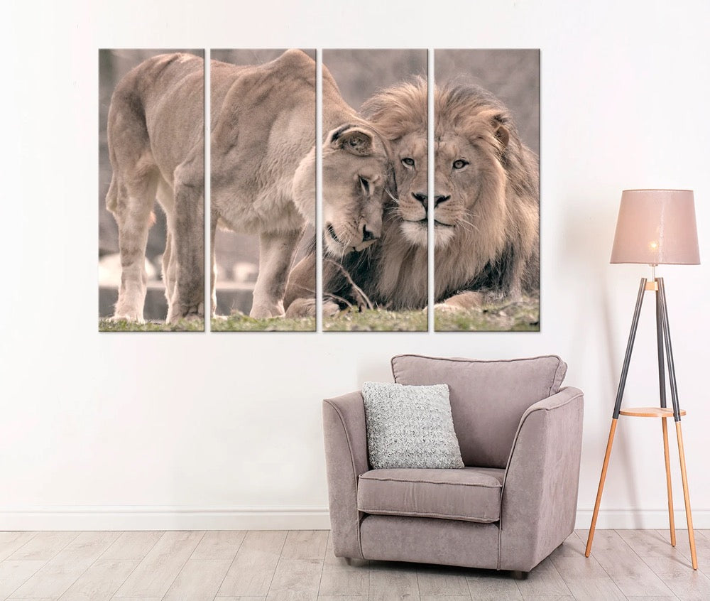 Lion lioness canvas wall art Lions Sepia print lion family canvas art Anniversary gift for couple Love print