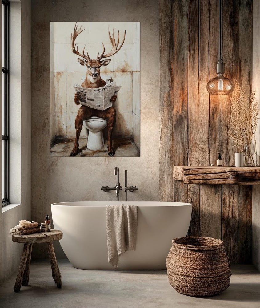 Deer on Toilet Reading Newspaper canvas print Bathroom Decor Toilet humor Funny bathroom art Buck